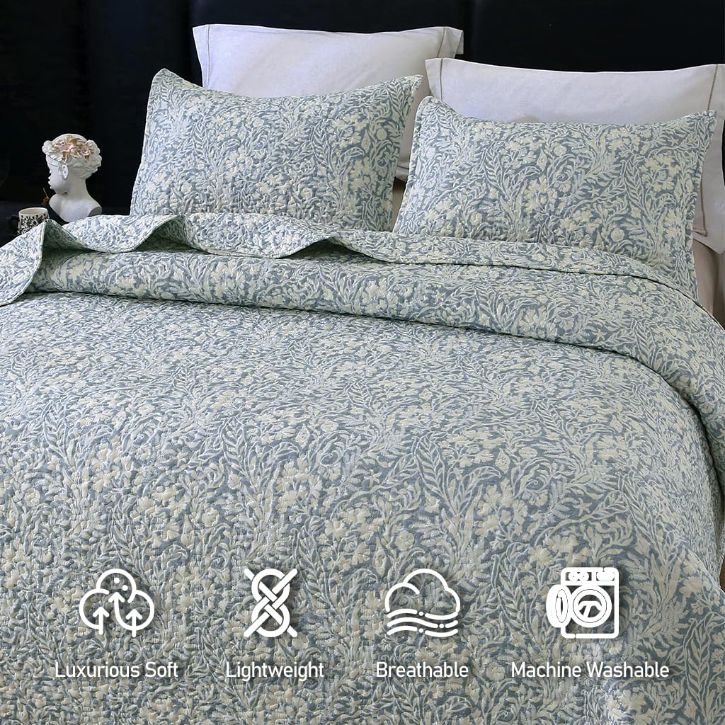 DURLENGEN Quilt Set California King Size 3Pcs,Bluish Grey Printed with Beige Leaves Pattern,Soft Microfiber Lightweight Bedspread for All Season Layering(112x104,Beige Botanical)