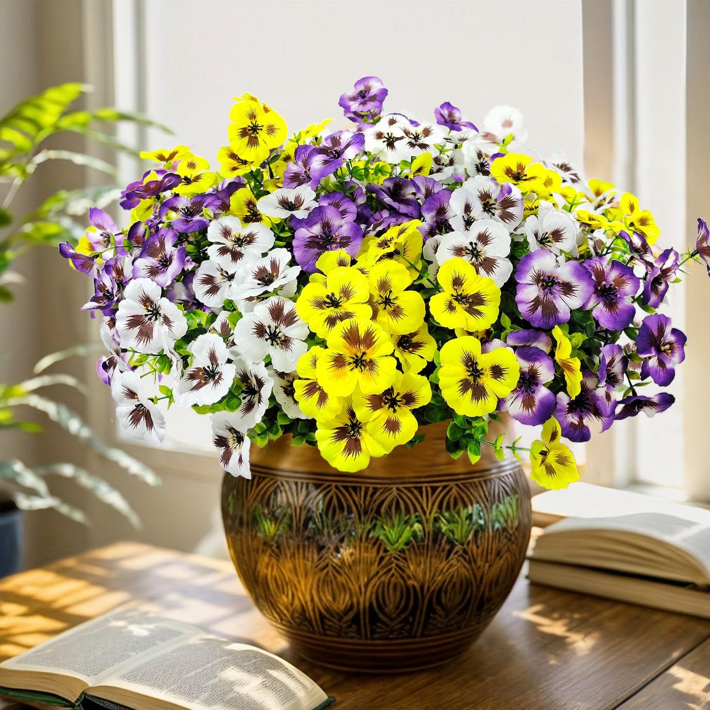 BRIGEA 12 Bundles Artificial Pansy Flowers for Outdoor Faux Silk Flowers UV Resistant for Porch Balcony Patio Garden Home Decor