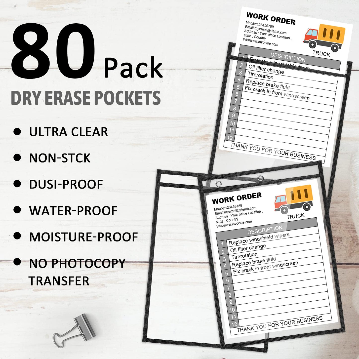 Yunsailing 80 Pack Dry Erase Pockets, Reusable Clear Job Ticket Holders, Plastic Sleeves Shop Ticket Holders Order Sheet Protectors for Work, Office, Classroom Organization(10'' X 14'',Vertical)