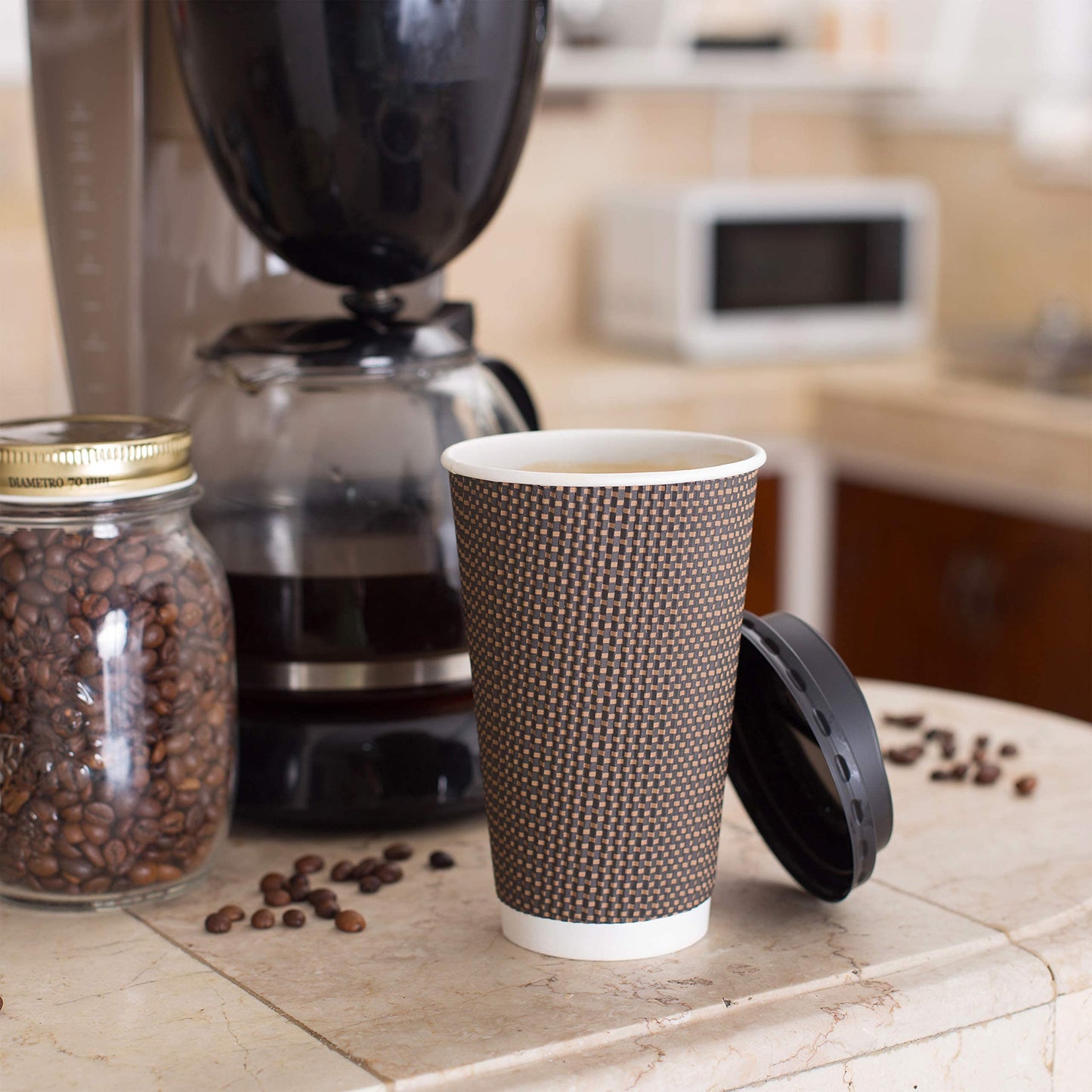 Promora Brown Disposable Coffee Cups With Lids 16 oz, Premium Insulated Paper Ripple Cups for Hot Coffee, Paper Coffee Cup with Lids (80 Pack)