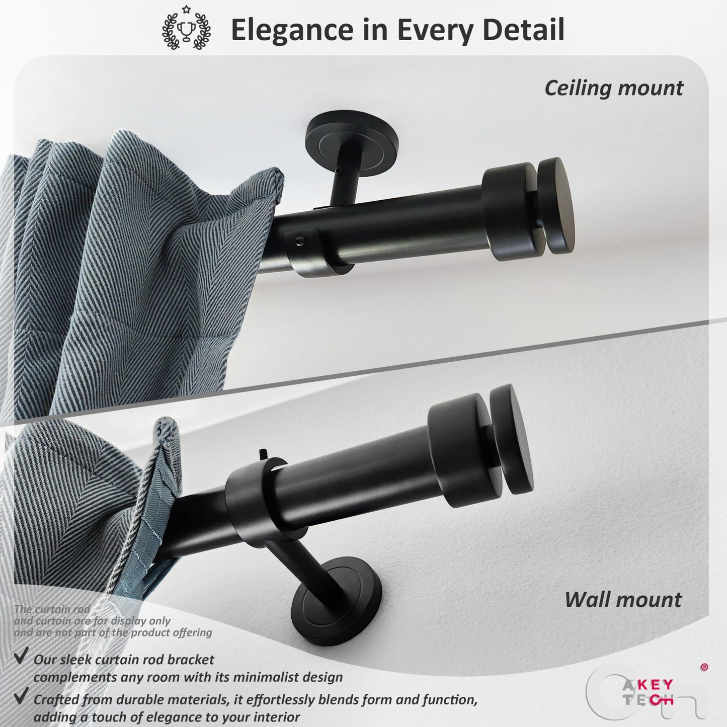 Heavy Duty Curtain Rod Brackets for Wall & Ceiling Installation, 2 Pack Ceiling Mount Curtain Holders, Hardware Bracket Set for 1 Inch Rods, Black Finish