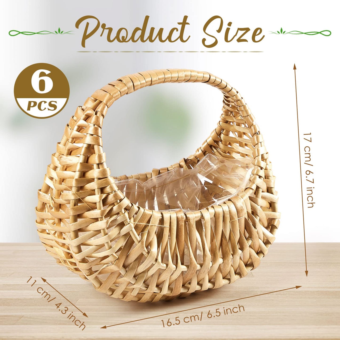 Taiyin 6 Pack Rattan Flower Girl Basket Half Moon Straw Wicker Basket with Handle 6.7" x 6.5" x 4.3" Ideal for Wedding Flower Girl, Picnic, Garden Storage and Home Decor (Nature)