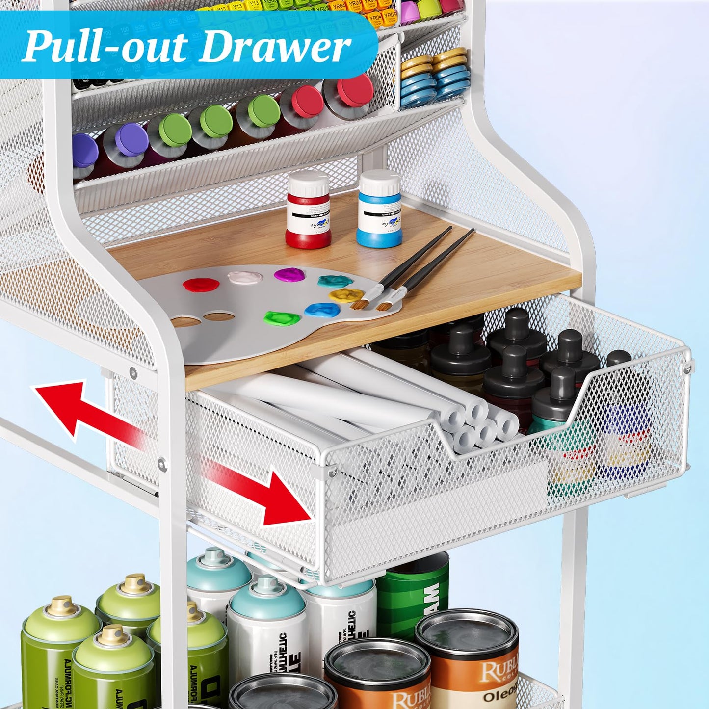 Small Utility Rolling Cart with Drawer, White Craft Organizer and Storage, Metal Craft Cart with Lockable Wheels, 6 Tiers Craft Storage Paint Organizer, Store for Brushes Paints Artifacts Small Parts