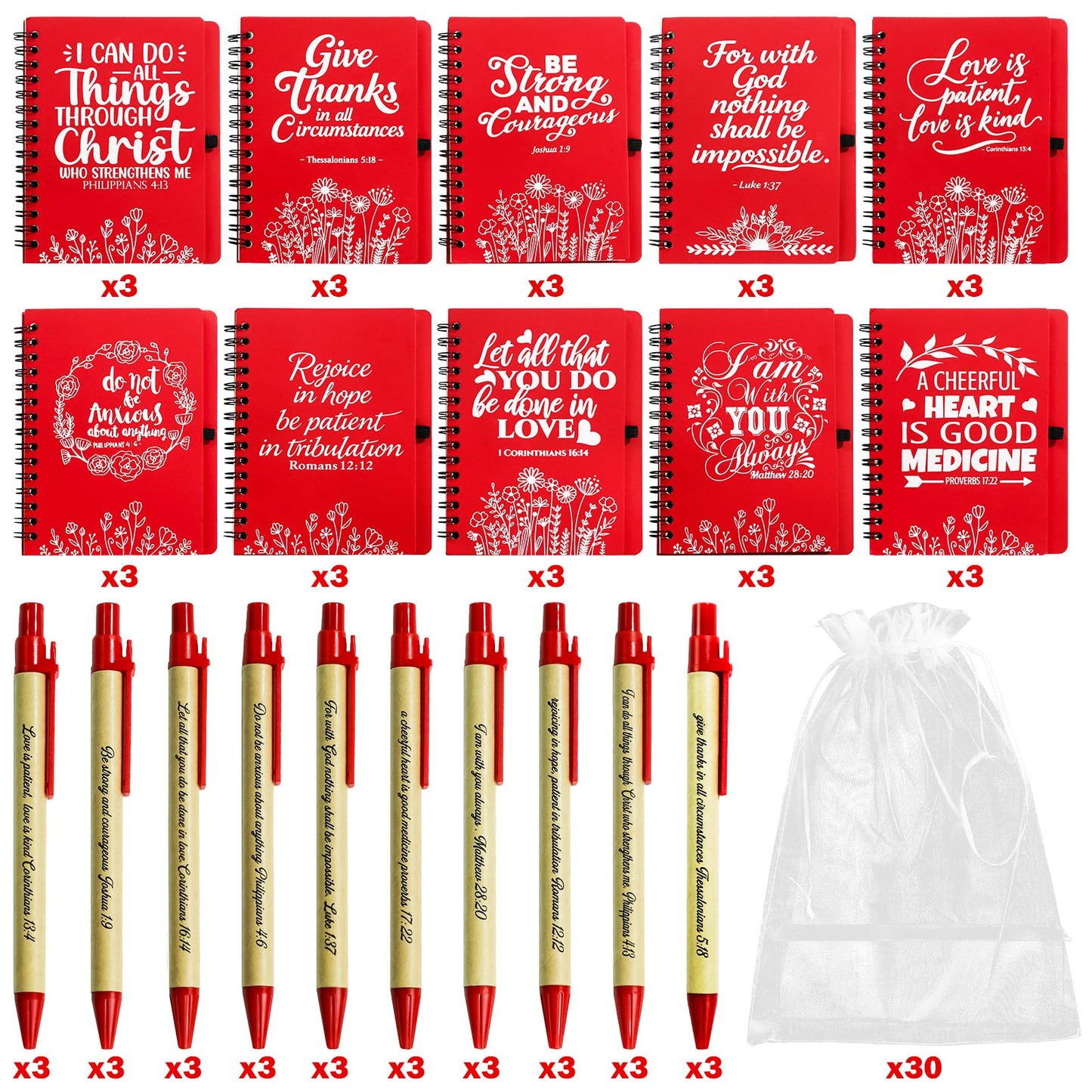 Succwoah 90 Pcs/30 Set Fathers Day Christian Gifts Bulk Prayer Journal Spiral Red Notebooks, Inspirational Notepad with Bible Verse Pen & Organza Bags, Perfect Religious Gifts for Men Women, Bible Study Groups, Church Members & Devotions