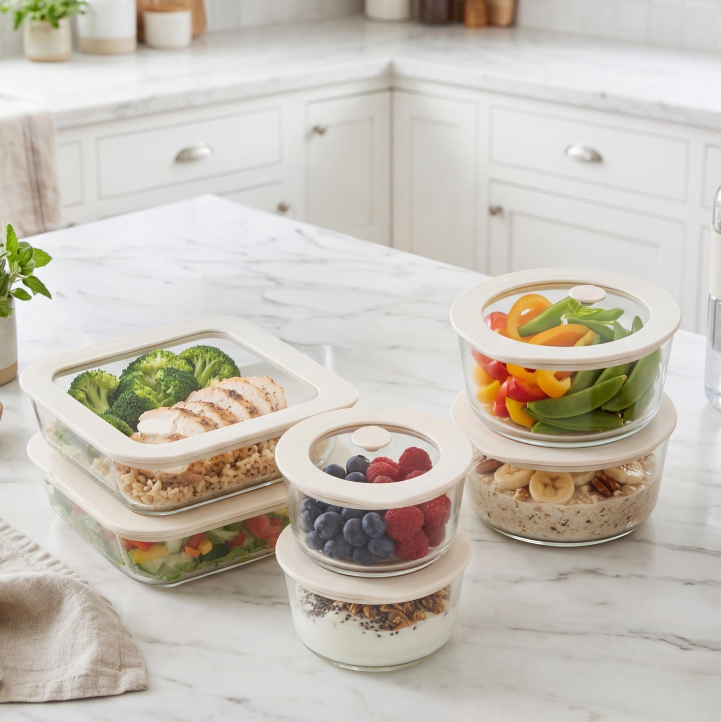 Urban Green Glass Food Container Set with Glass Lid, 6 Pack, Food Storage Containers Set, Airtight, LeakProof, Micowave Safe, 100% Plastic Free, Meal Prep Containers (White Color)
