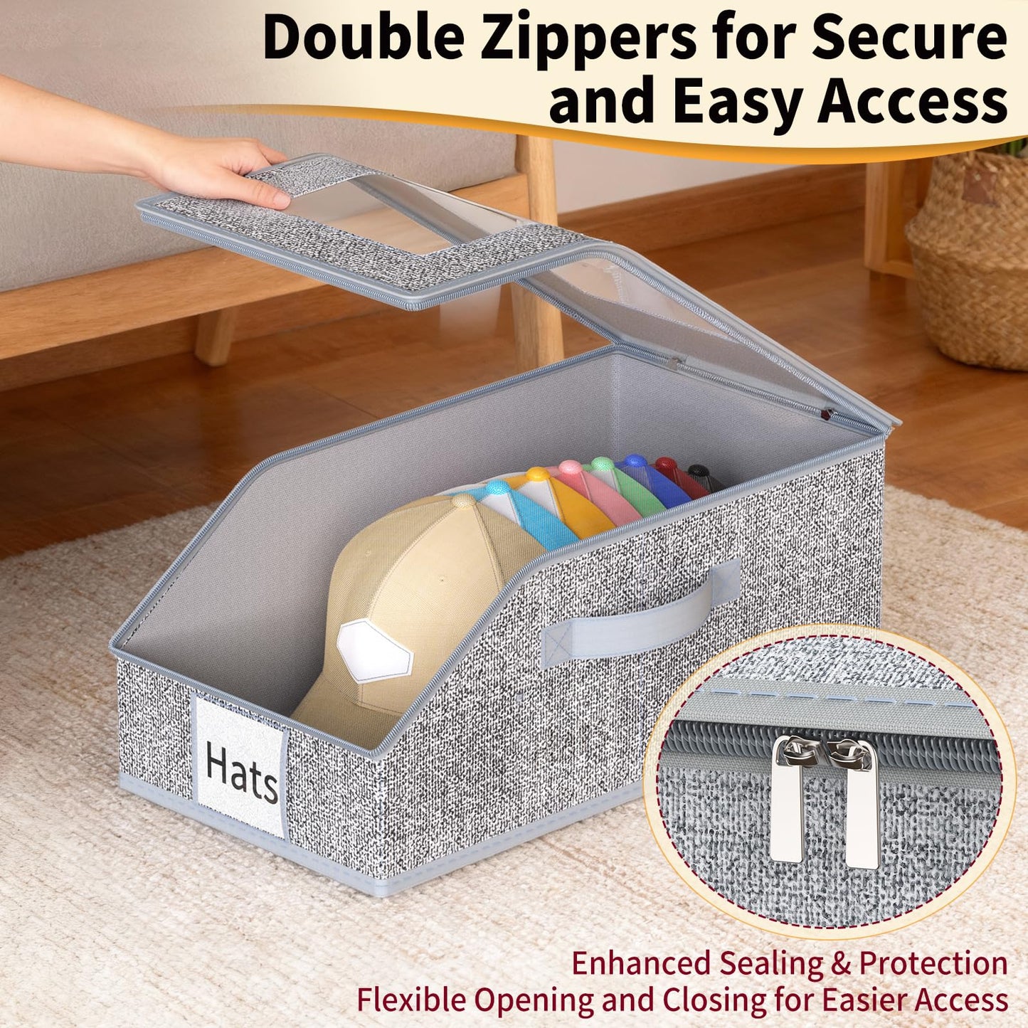 3 Pack Stackable Hat Organizer for Baseball Caps, Hat Storage with Clear Window Lid, Holds up to 45 Ball Cap Storage Organizer, Foldable Hat Box Holder with Cardboard, for Closet Bedroom Shelf(Grey)