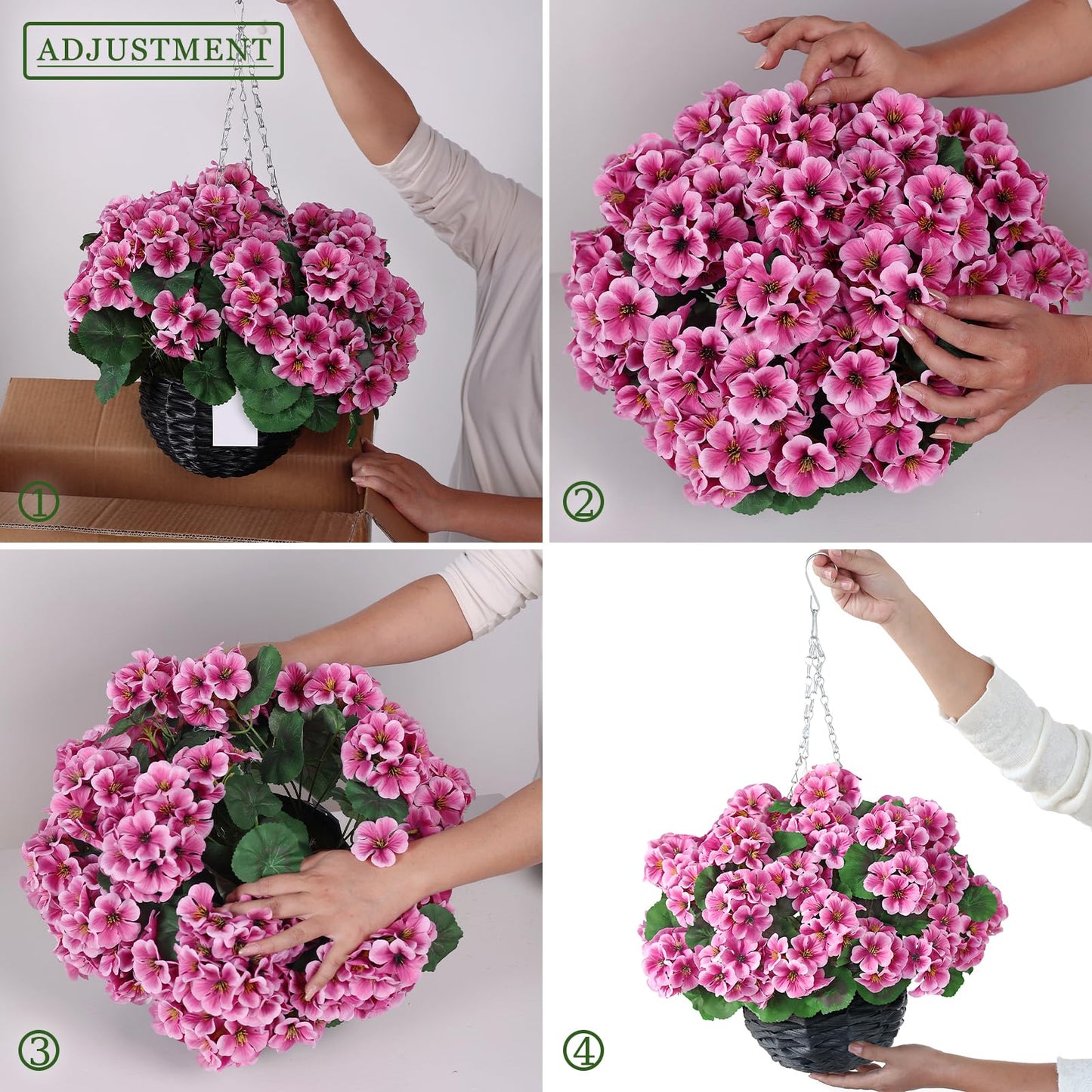 GLIDLION 2 Set Artificial Geraniums Flowers with Hanging Baskets for Outdoors - Sun Resistant Silk with Geranium Flowers, Fake Hanging Planters for Front Porch Garden Patio Home Decor (Pink)