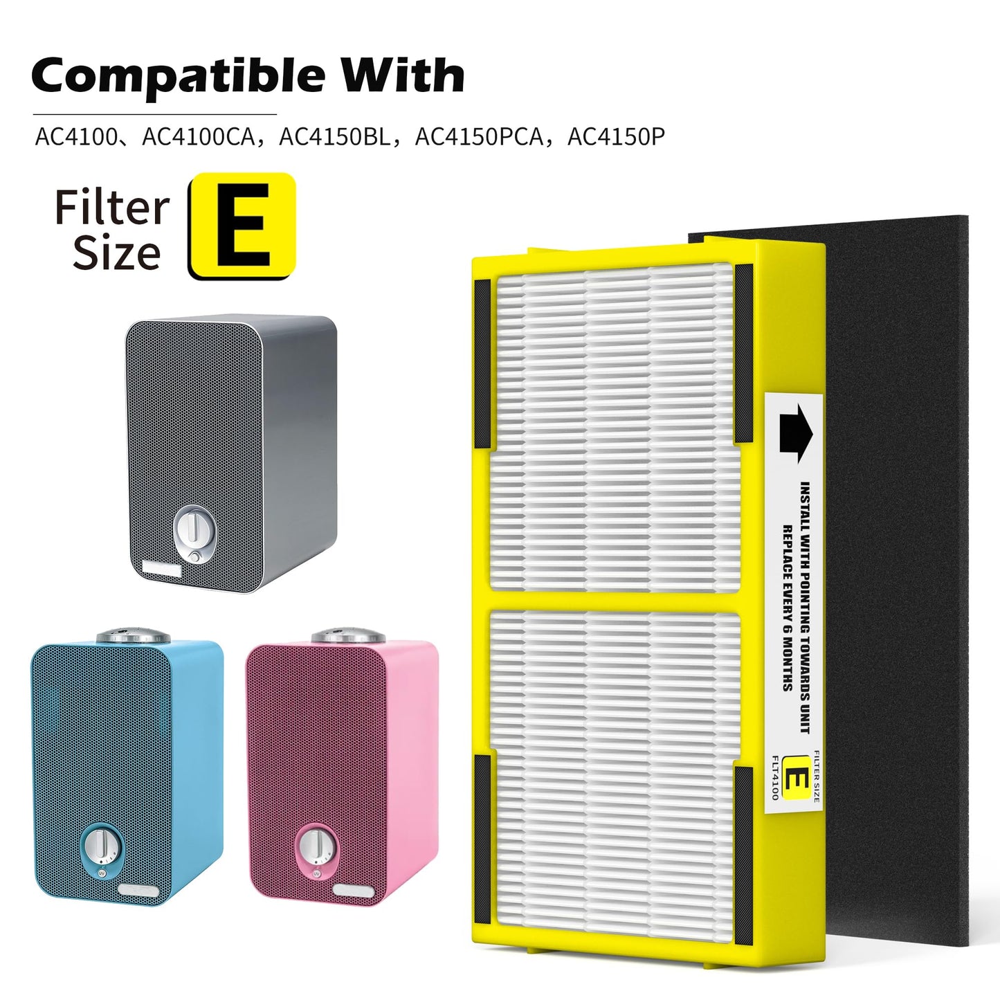 6 Pack FLT4100 HEPA Replacement Filter Size E Compatible With Guardian Technologies AC4100 AC4100CA, AC4150BLCA, AC4150PCA, AC4150P, AC4175W Purifier, Part # FLT4100 / FLT11CB4 / Filter E
