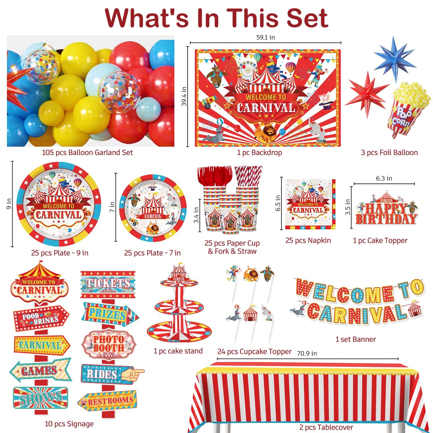Cocomigo 302 PCS Circus Theme Party Decorations, All-in-One Carnival Theme Party Decorations Set with 25pcs Plates, Napkins, Tablecloths, Banner, Balloon Arch Circus Party Decorations for Girl & Boy