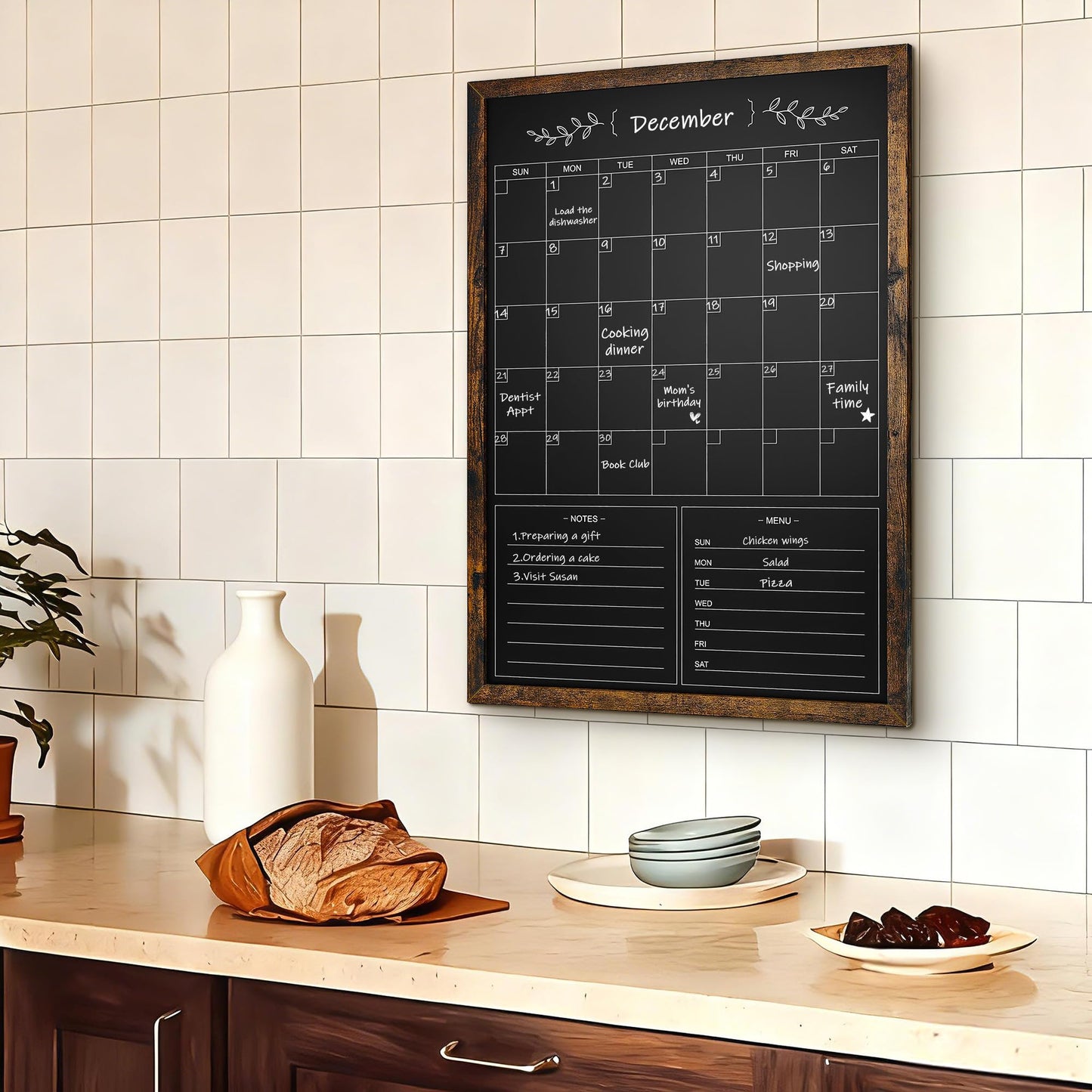 Marribol Chalkboard Calendar for Wall,20" x 28" Rustic Framed Magnetic Chalkboard for Home Kitchen Office School