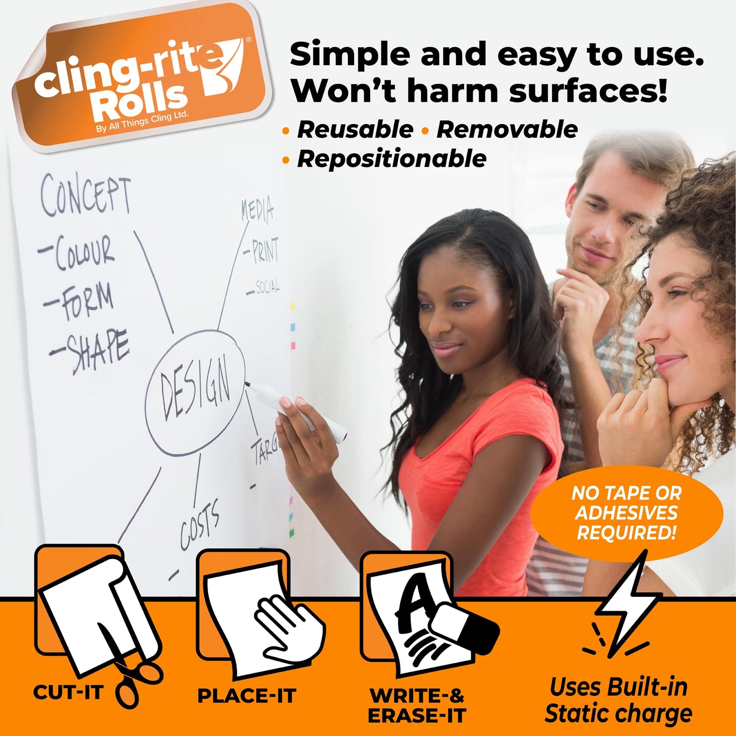 Backpacker Cling-rite Rolls Clingers Dry Erase Portable Whiteboard New Format - 12 in x 50 ft Roll, Trim to Any Length - Reusable Surface for School Supplies, Office Decor, Kids Art & Craft Projects