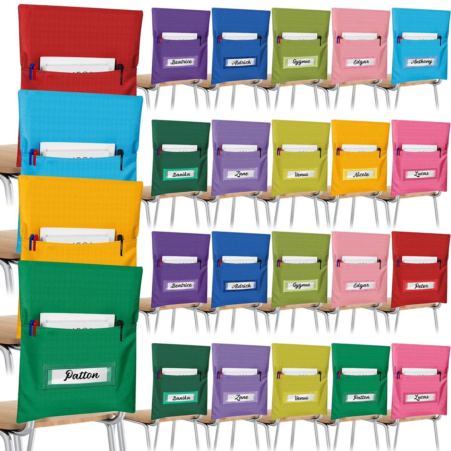 Chapou Chair Pockets for Classroom Chairback Pocket Chart 14 x 18 Inch Desk Organizer Pocket Chair Bag for Seat School Classroom (Classic,Bright,24 Pcs)