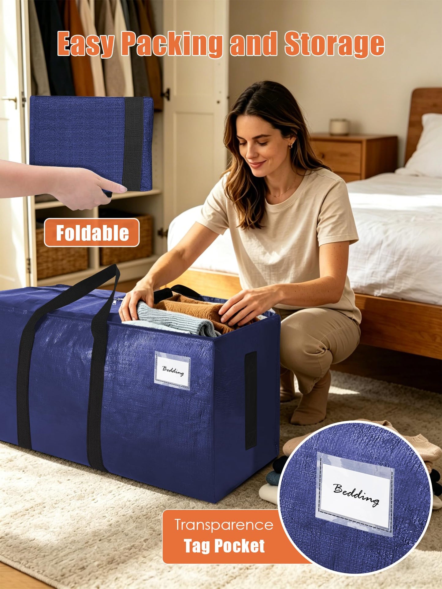 SWEET DOLPHIN 12 Pack 200LB Heavy-Duty Moving Bags with Wrap-Around Handles, Extra Large Storage Totes for Space Saving, Clothes Storage Bags, College Dorm Essentials, Blue, 24 Gal