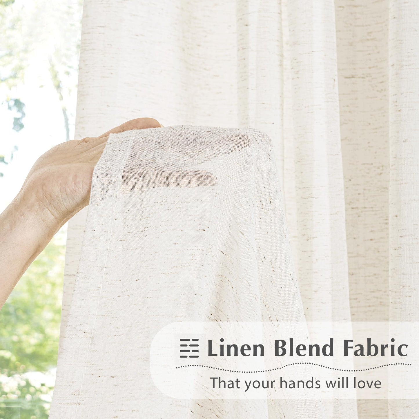 FMFUNCTEX Linen Sheer Pinch Pleated Curtains for Living Room, Linen Flax Beige 96 Inches Long Sheer Curtain Panels for Bedroom, Natural Back Tab Window Drapes for Farmhouse, Rod Pocket 2 Panels