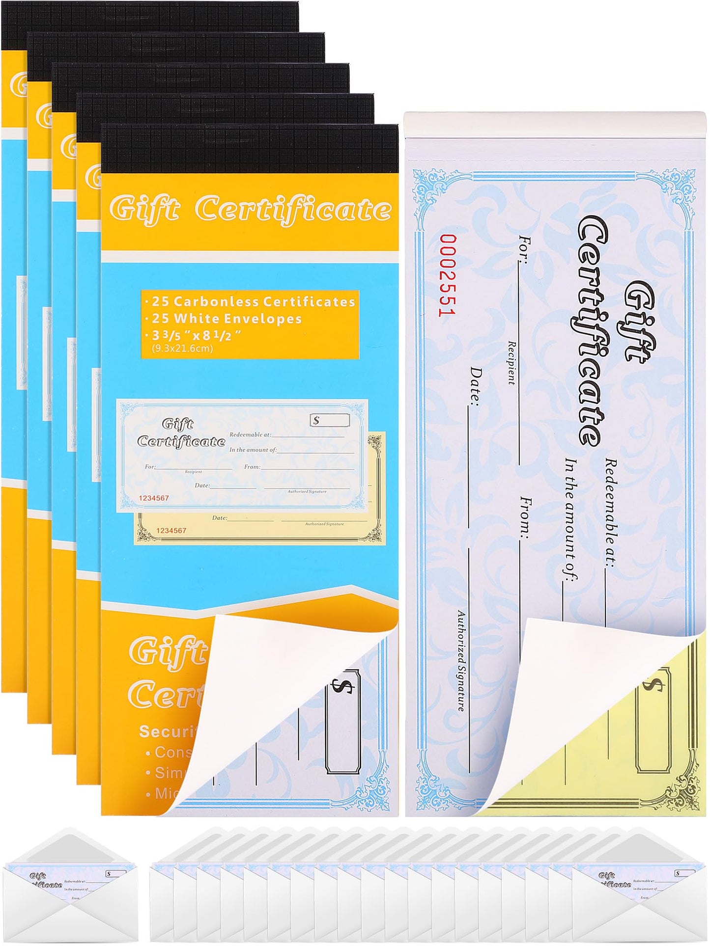 Zhanmai Gift Certificate Book with Stub 25 Per Pack with Envelopes Gift Certificates Paper for Business Shopping Malls Offices and Other Occasions(5 Pack)