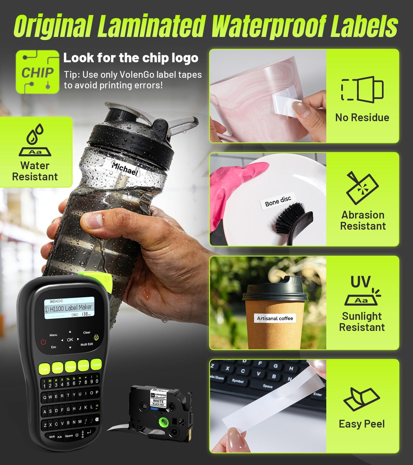 VolenGo Label Maker Machine with 4 Tapes, Wire Label Maker Waterproof-Labels, Laminated Handheld Label Printer, Backlit & Portable & 3 Cable Modes, H1100 Labeler for Industrial Office Organization