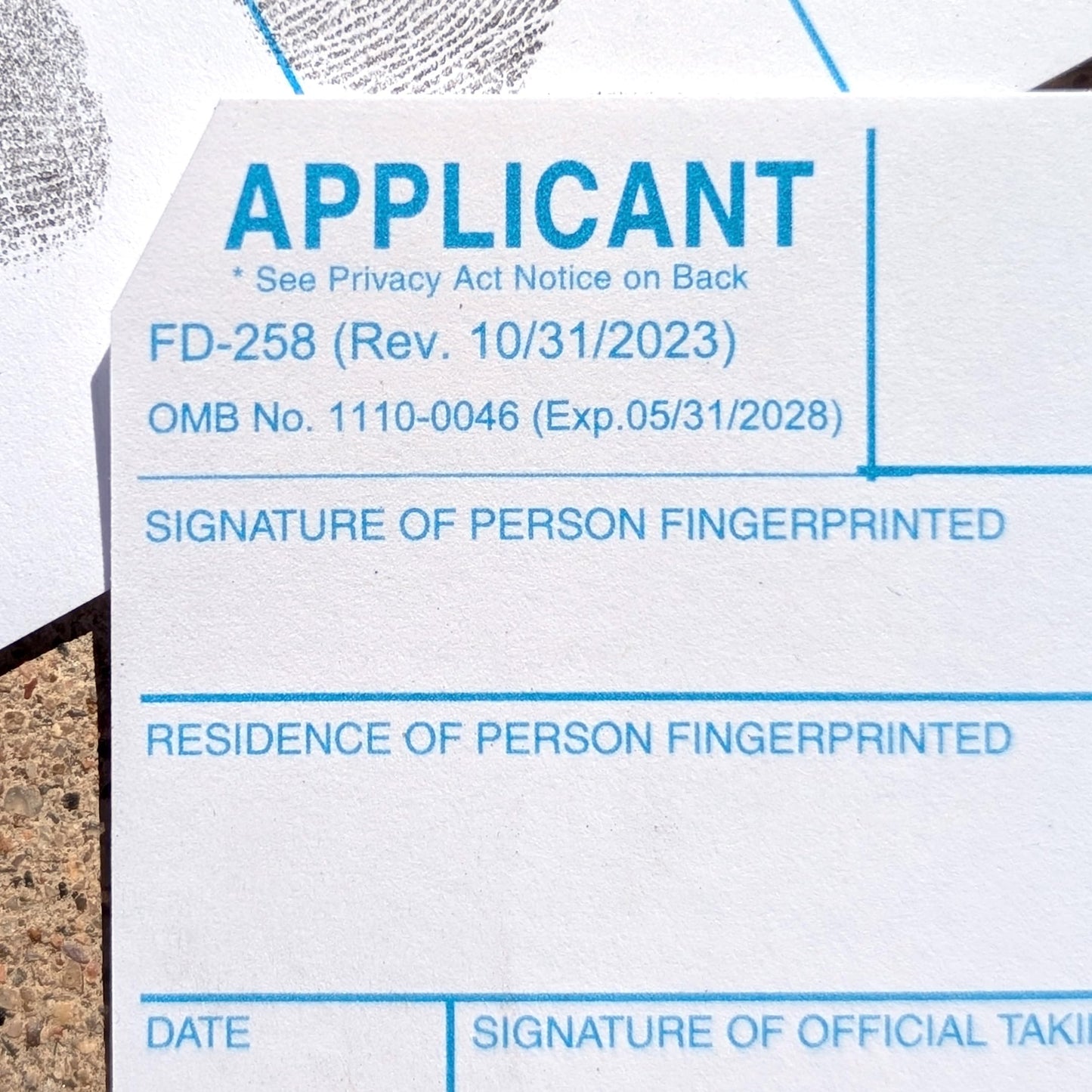 Crime Scene Fingerprint Cards, Applicant FD-258 (250 Pack)