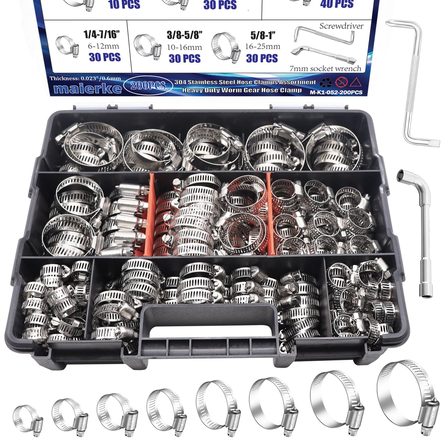 maierke 200PCS Stainless Steel Hose Clamps Assortment Kit,Metal Adjustable 1/4"-2"(6-51mm) Worm Gear Hose Clamp Heavy Duty Small Hose Clamps for Automotive,Radiator Pipe,Plumbing,Fuel Line