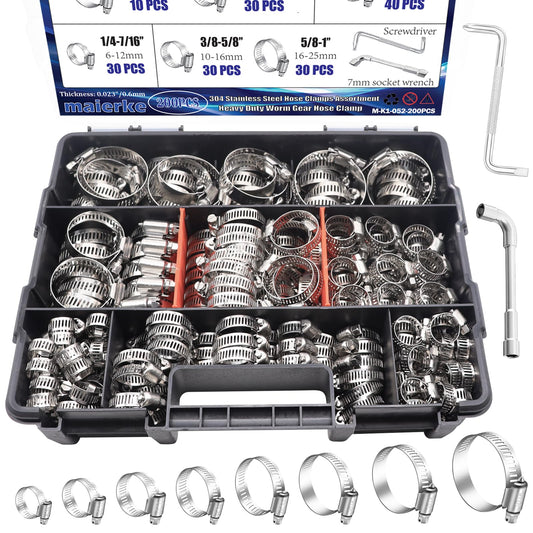maierke 200PCS Stainless Steel Hose Clamps Assortment Kit,Metal Adjustable 1/4"-2"(6-51mm) Worm Gear Hose Clamp Heavy Duty Small Hose Clamps for Automotive,Radiator Pipe,Plumbing,Fuel Line