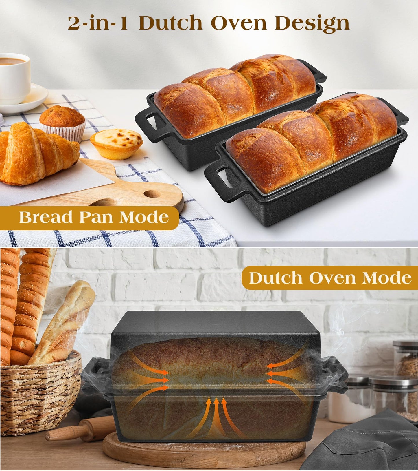Bachdomc Cast Iron Loaf Pan With Lid, 9×5 in – 2‑in‑1 Heavy‑Duty & Oven‑Safe Loaf Pan for Sourdough & Homemade Bread
