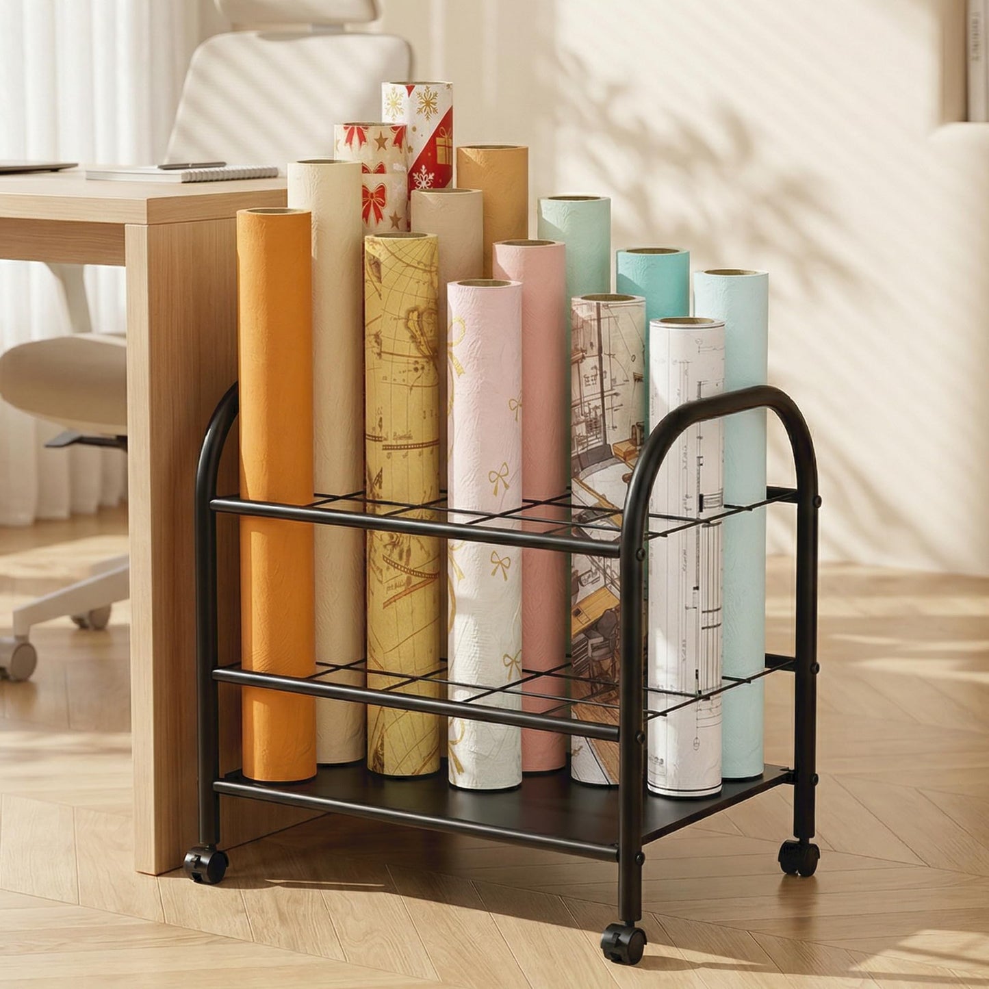 Yutrchey Blueprint Storage Holder with Wheels – 20-Slot Metal Roll File Rack with Silent Casters & Brakes for Blueprints, Wrapping Paper, Posters, Maps – Mobile File Cart for Office & Home (Black)