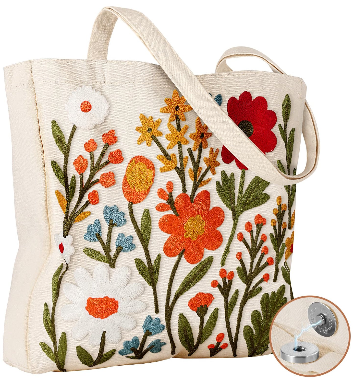Miss Adola Embroidery Canvas Tote Bag for Women - Reusable Totes with Magnetic Buckle Cute Aesthetic Designer Shoulder Bags for Shopping Grocery Daily Work, Flower Cluster