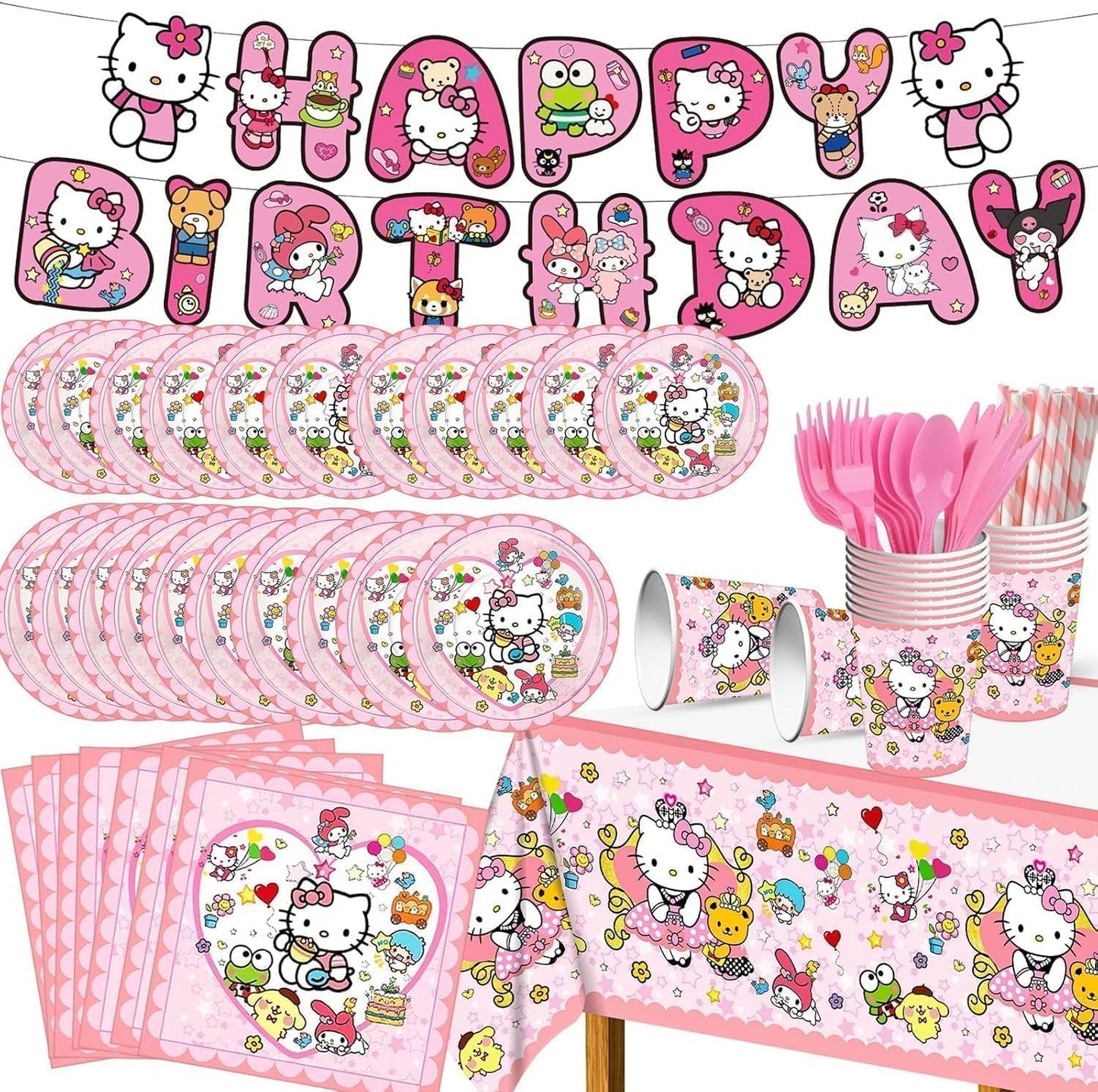 92pcs Kitty Birthday Party Supplies Kawaii Party Tableware Party Supplies Include Banner Party Plates and Napkins Tablecloth for Boys/Girls Birthday Party Decorations.