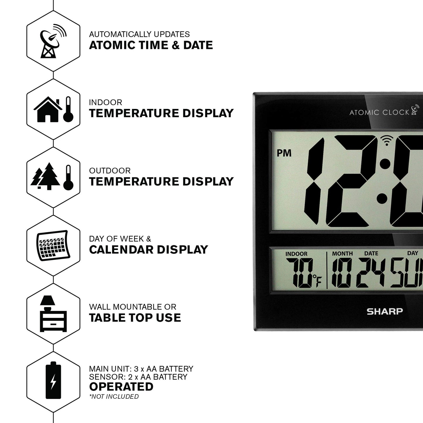 Sharp Atomic Clock – Never Needs Setting, Jumbo 3” Easy-Read Display, Indoor & Outdoor Temperature with Wireless Sensor, Large Digital Wall or Desk Clock, Battery Operated, Auto Atomic Time Sync