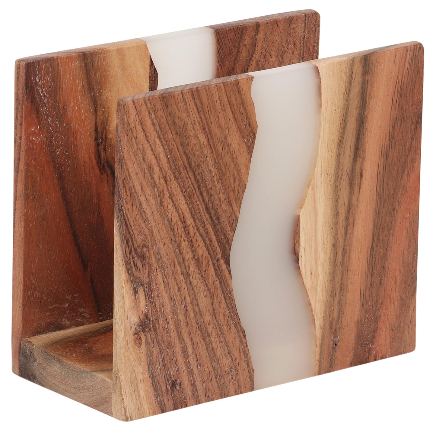 LAVAUK Acacia wood & Transparent Epoxy resin Napkin holder for table, Rustic farmhouse napkin organisation for kitchen, dining, counter tops, restaurant or outdoors | 6x5x2.5 inches|(Cloudy White)