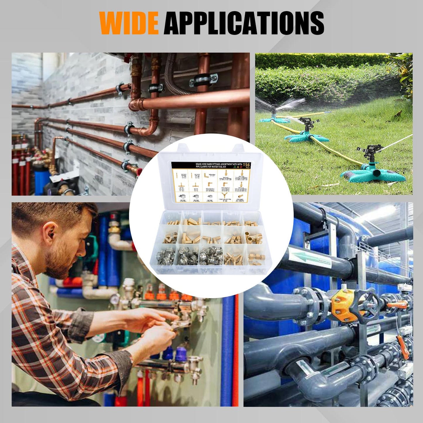 156Pcs Hose Barb Fuel Line Fittings Assortment Kit Barb Splice/Coupler/Female Adapter/Tee/Y Shaped Union/90°Male Elbow Thread 1/8" 3/16" 1/4" 5/16" 3/8" 1/2" Air Hose Fitting with Pipe Clamps for Fuel