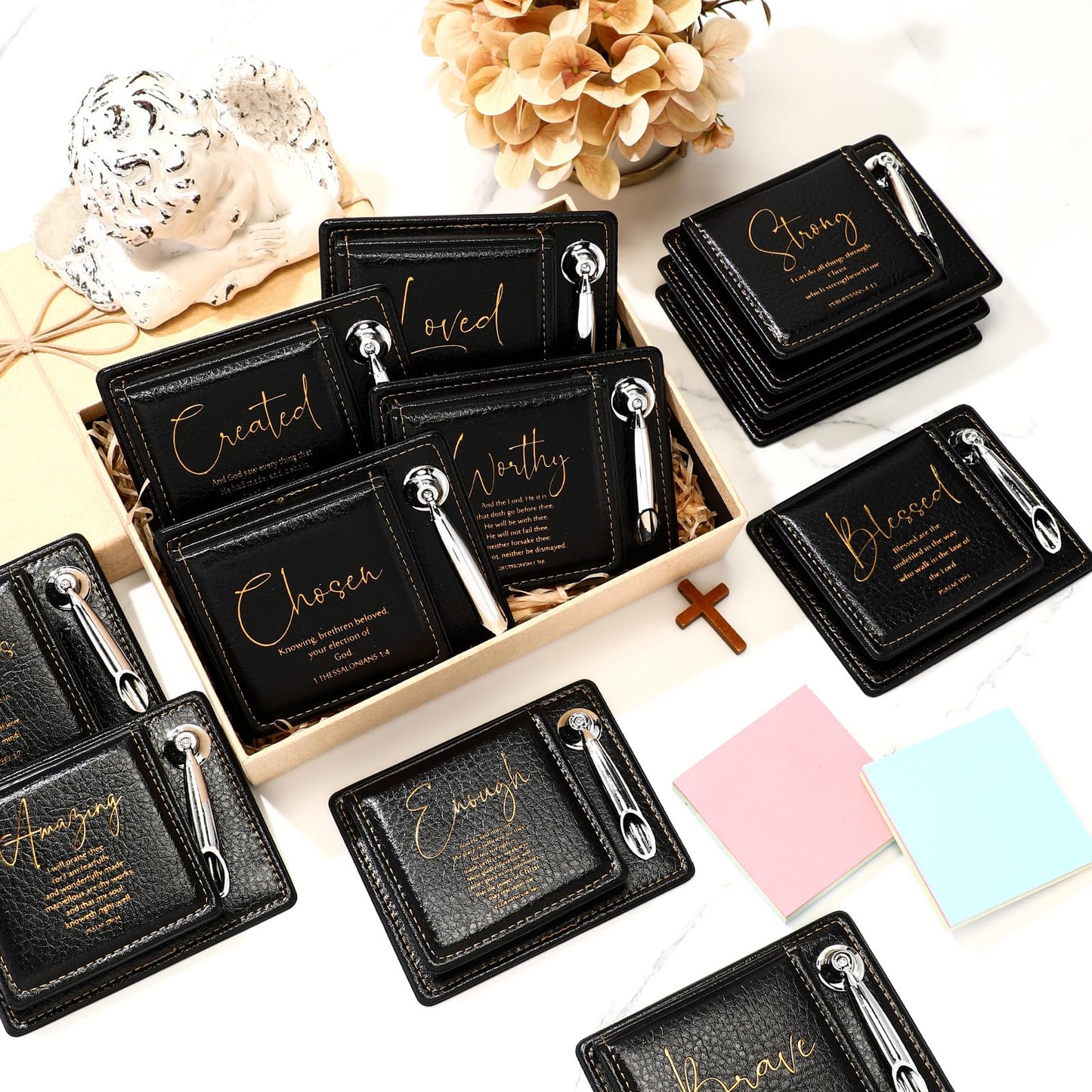 Spakon 12 Set Christian Gifts Bulk, Fathers Day Religious Bible Verse Sticky Note Holder with Pen, PU Leather Scripture Memo Box for Graduation Women Men, Inspirational Church Gifts (Black)
