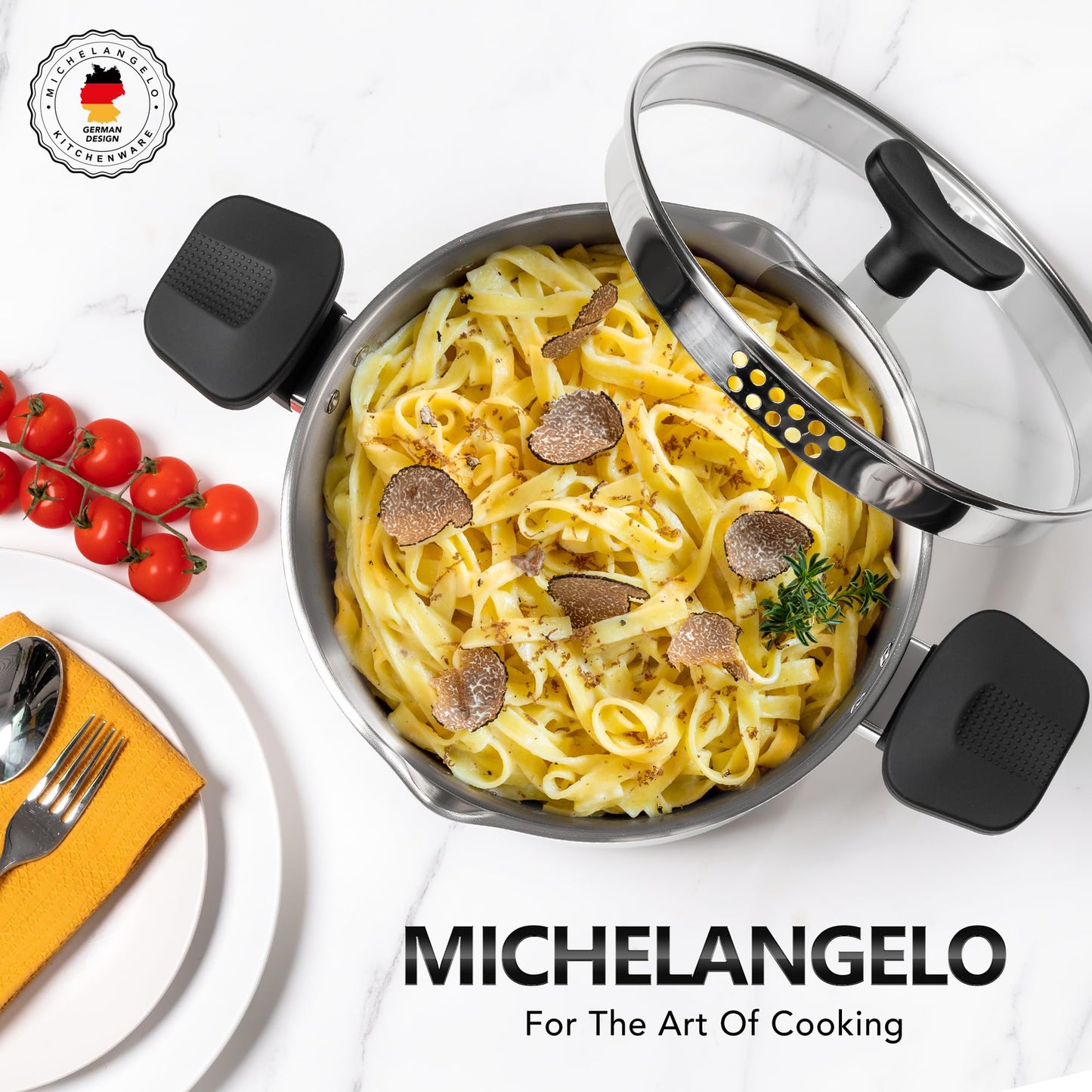 MICHELANGELO Stainless Steel Pasta Pot with Strainer Lid - Pasta Cooker | 6 Quart Induction Pot for All Cooktops, 6 Qt Spaghetti Pots with Strainer Lid