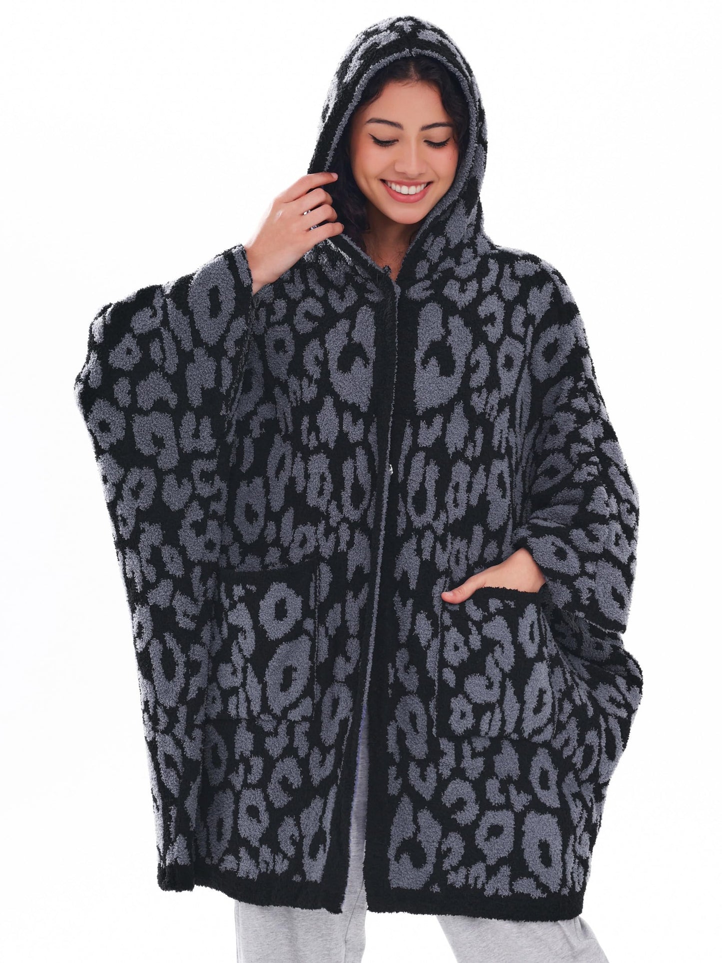 WDCOZY Wearable Blanket Hoodie Poncho Throw Comfy Soft Warm Cape Shawl Cozy Cloak Wrap Hooded with Sleeves For Adults Leopard