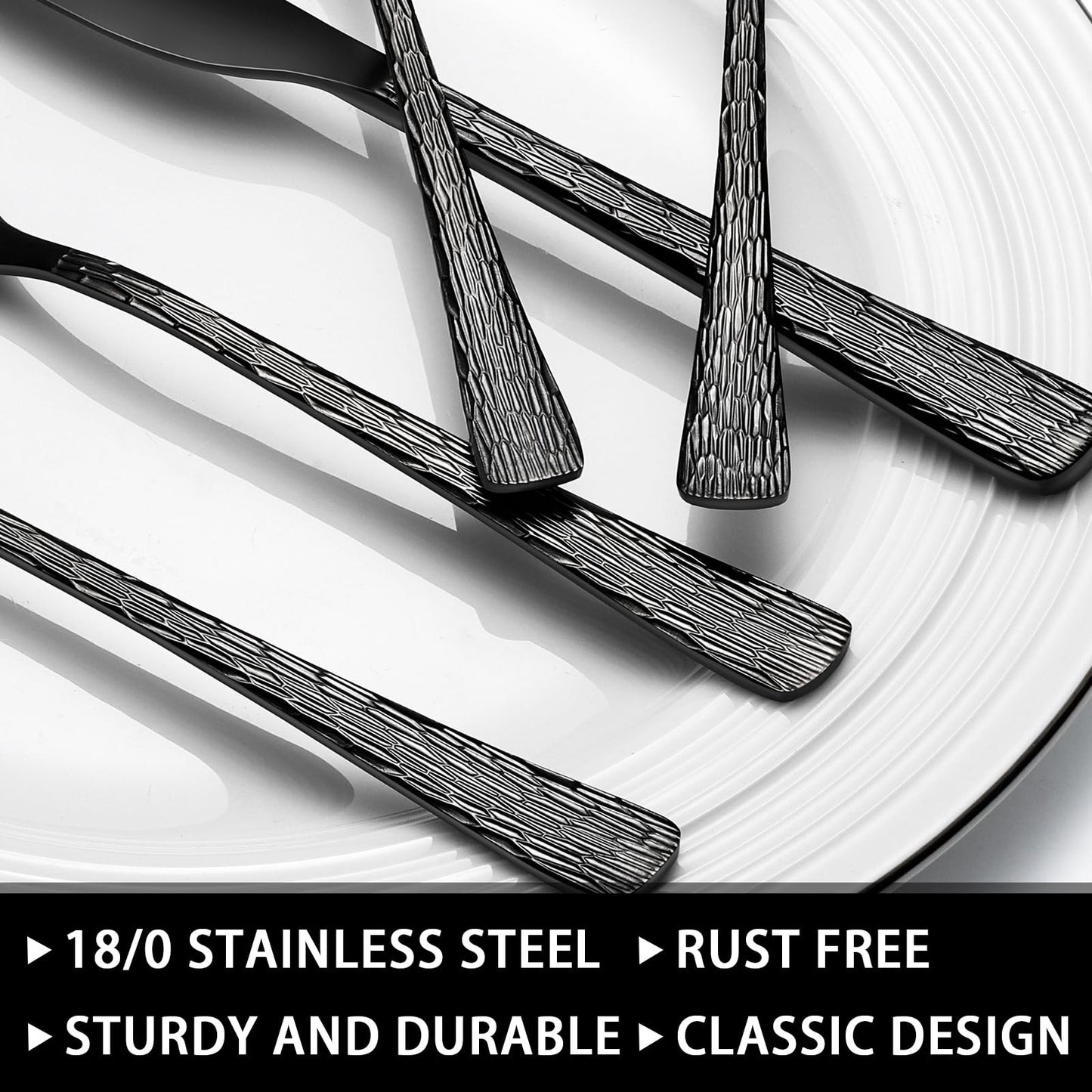 49-Piece Black Silverware Set with Organizer, Food-Grade Stainless Steel Black Flatware for 8, Cutlery Utensil Sets with Steak Knives, Rust-proof, Mirror Polished, Dishwasher Safe, Tree Pattern