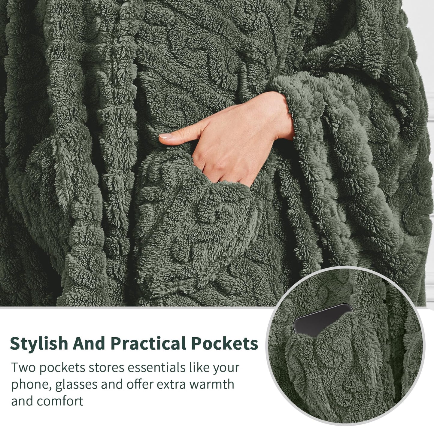 Mowkim Wearable Blanket Sherpa Fleece Shawl Blanket with Pockets for Adults Women and Men, Cozy Shawl TV Throw Blankets (Green, 58'' x 64'')