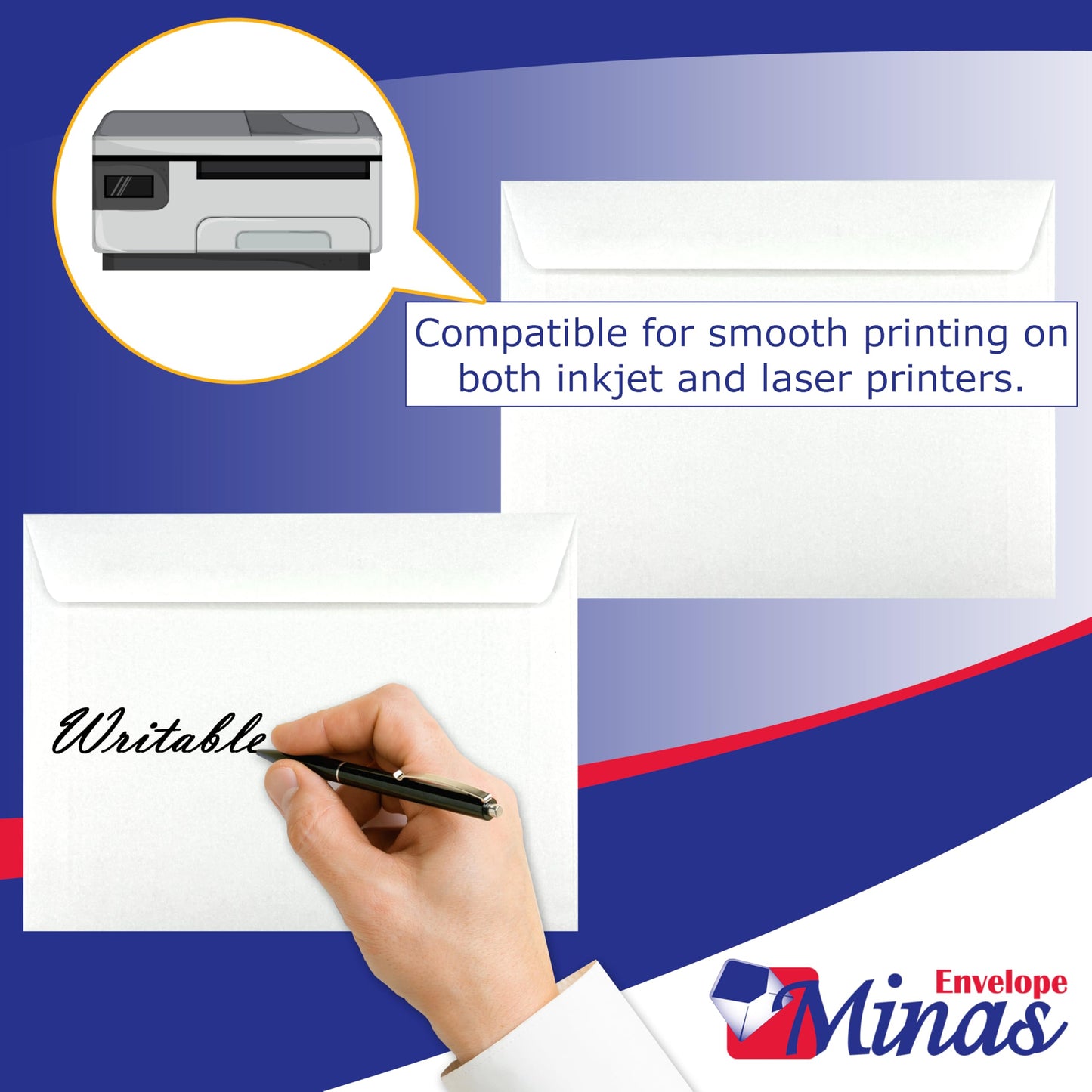500 Minas Envelope - 6 x 9 Inch Open Side Booklet Envelopes, White 24lb Paper, Strong Gummed Flap, 500 Count, Made in USA