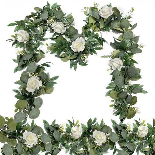 2 Pack Artificial Spring Eucalyptus Flower Garland with White Roses, 13Ft Fake Flower Greenery Floral Green Garland Vines for Wedding Arch Table Runner Backdrop Mantle Home Decorations (White)