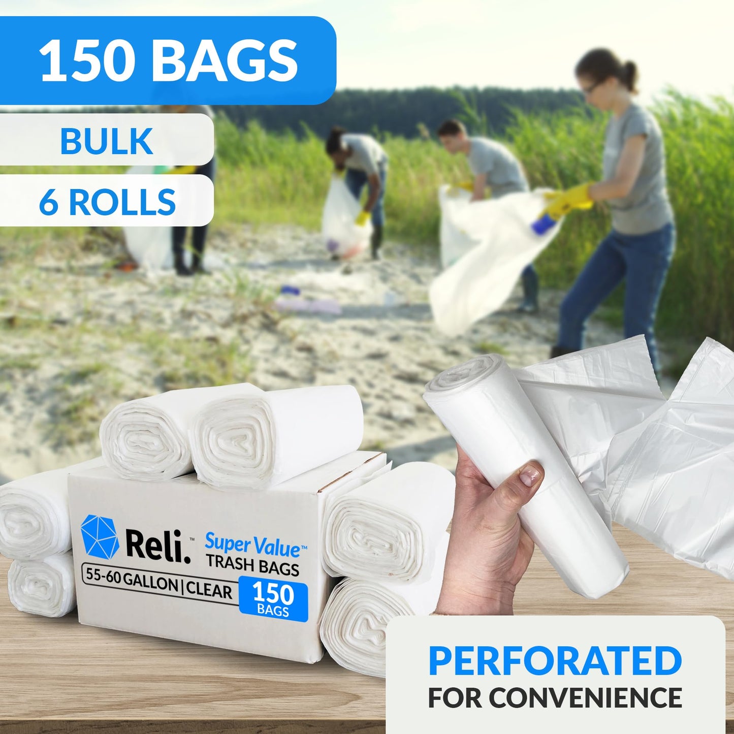 Reli. Easy Grab Trash Bags, 55-60 Gallon (150 Count) (Clear) - Star Seal Super High Density Rolls - Heavy Duty Can Liners, Garbage Bags, Bulk Bags - 50, 55, 60 Gallon Capacity