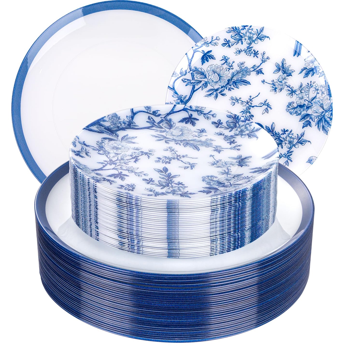 EI 60pcs Blue and White Floral Plastic Plates Fancy Blue Floral Disposable Heavy Duty,10.25inch Dinner Plate and 7.5inch Dessert Plate,Disposable Nice Plastic Plates for Party,Wedding(Value,Elegant)