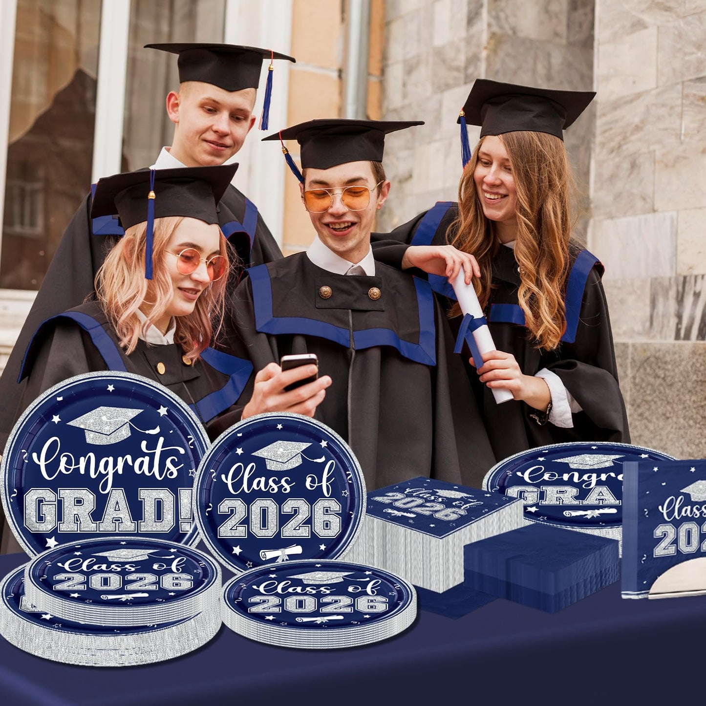 Navy and Silver Graduation Decorations 2026,Navy Blue Graduation Decorations Plates and Napkins 2026,200pcs Class Of 2026 Party Decorations Tableware for Graduation Party Supplies,Serve 50