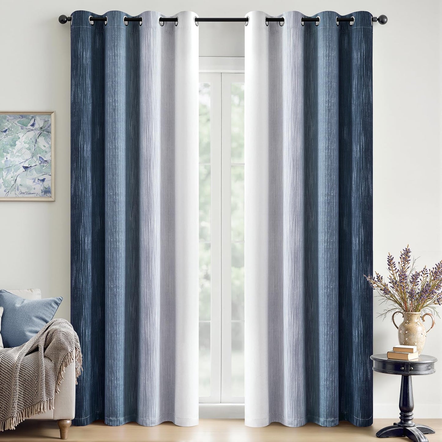 MIULEE Navy Blue and Greyish White Ombre Blackout Curtains, Full Room Darkening Thermal Insulated 84 Inches Long Drapes for Bedroom/Living Room Grommet Window Treatments Modern 52Wx84L, Set of 2