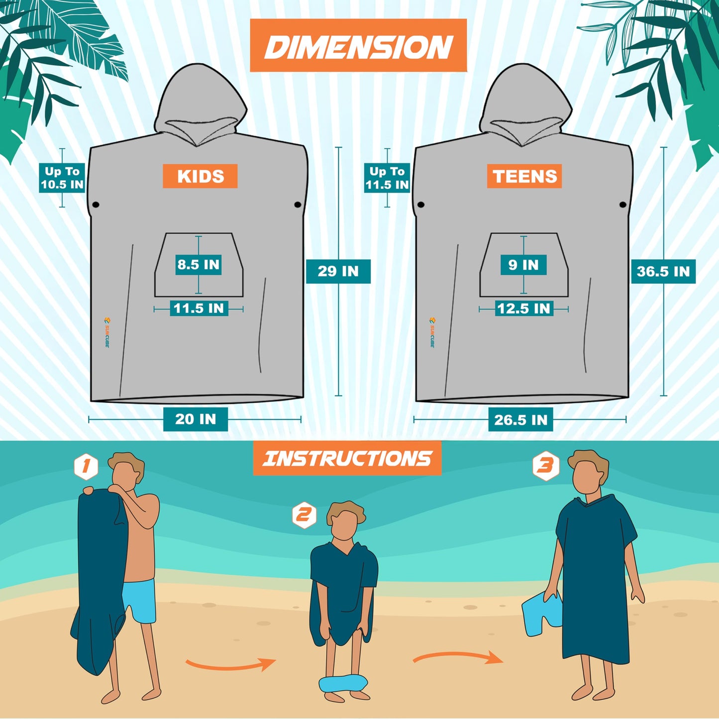 SUN CUBE Kids Changing Robe Surf Poncho, Kids Beach Towels, Hooded Towel for Teens Bath Pool, Microfiber Quick Dry Wearable Towel Poncho with Hood, Swim Towel for Girls 8-12 Years, Orange Stripe