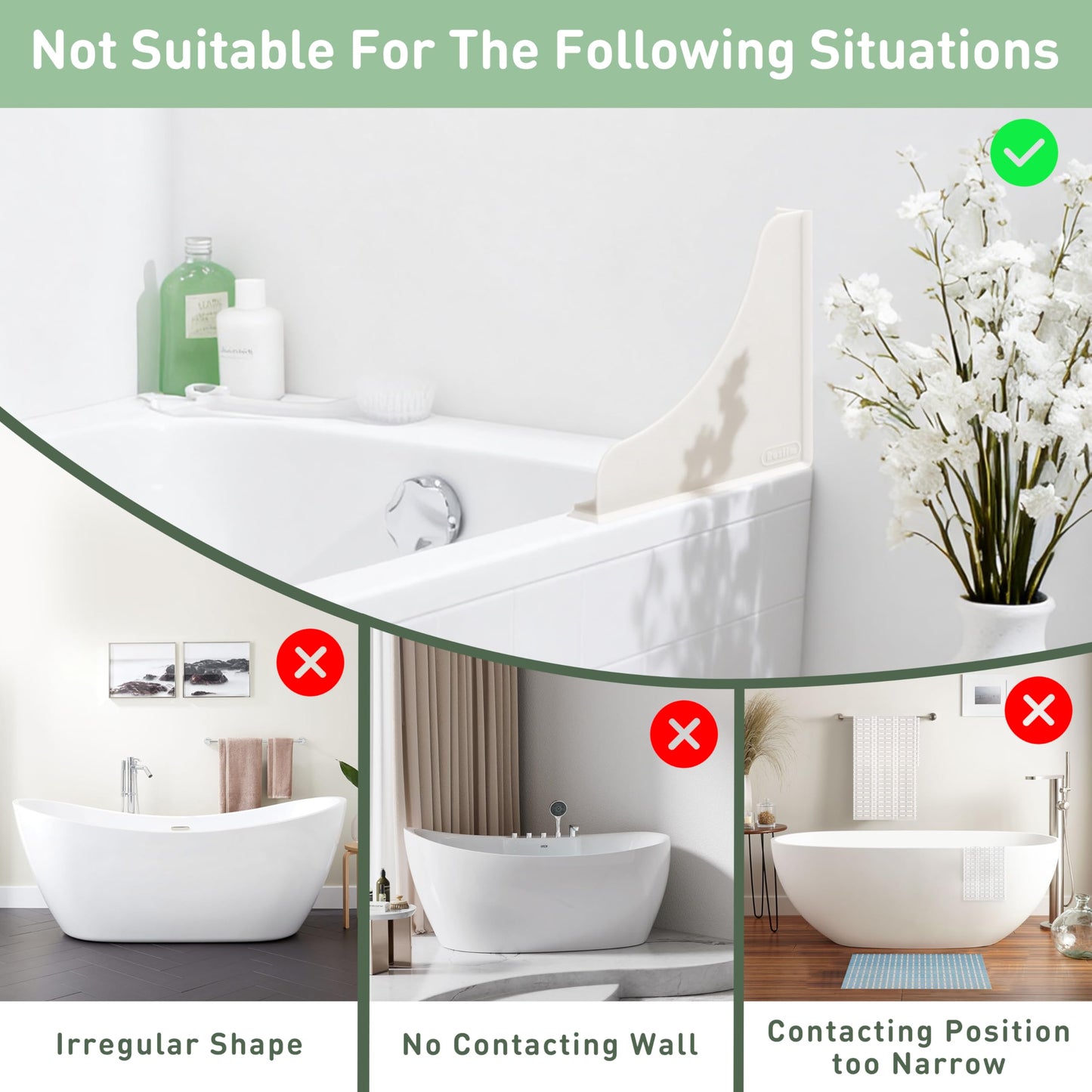 Roslim Shower Corner Splash Guard 2 Pack, No-Adhesive Silicone Water Splash Guard with Suction Cups for Bathtub & Walk-in Shower, Reusable Corner Water Blocker Keeps Water Off Floor, White