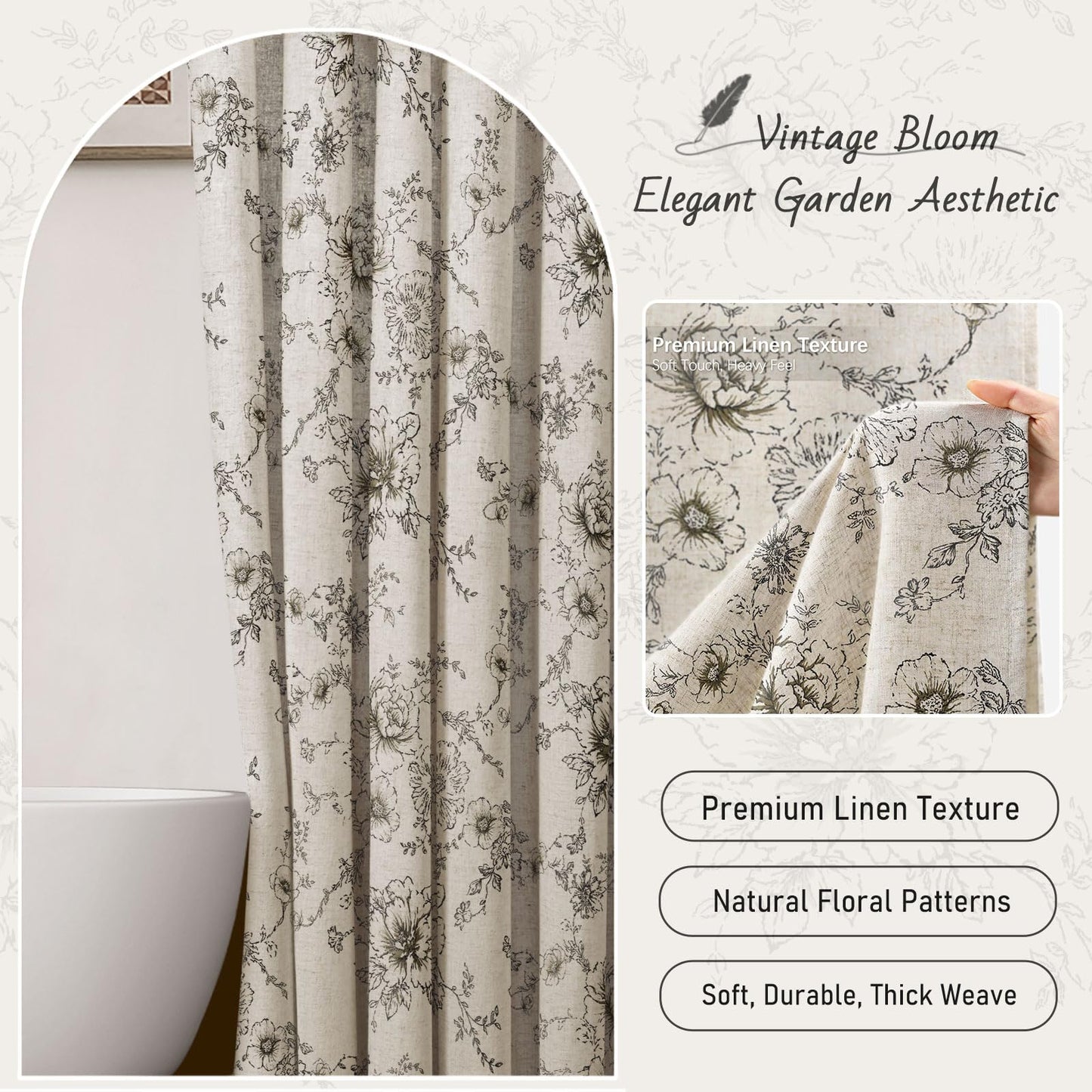 NDDYCU Farmhouse Floral Vintage Shower Curtain, Black Linen Spring Pattern Shower Curtains for Bathroom, Tan Taupe,72x72