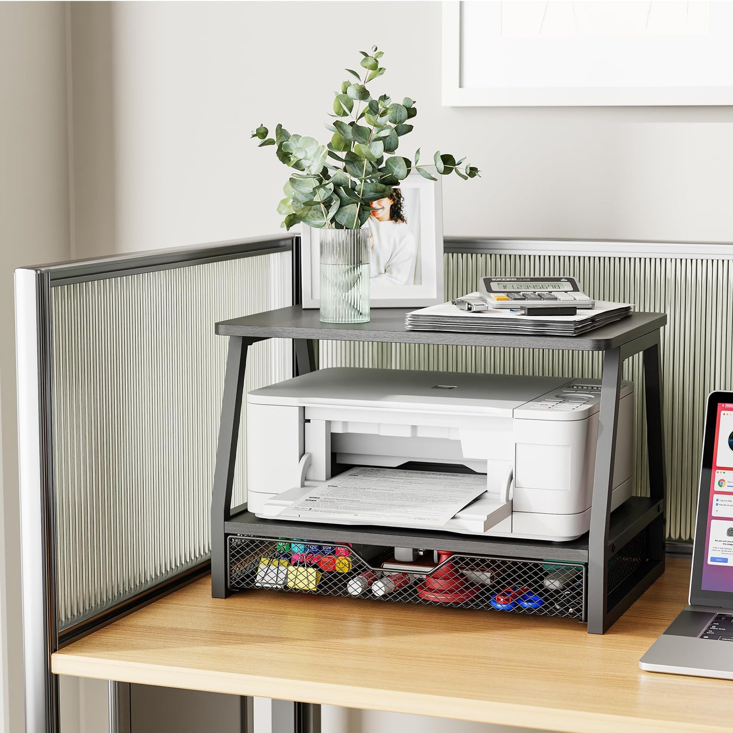 Vfelf 2-Tier Printer Stand with Storage, Desktop Organizer for Printer Paper, Desk Shelf for Office and Home Printers‌ Tables, Black