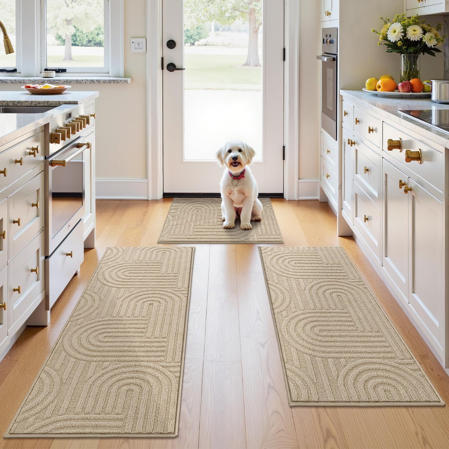 U'Artlines Kitchen Rugs and Mats Set of 3, Non Skid Washable Beige Geometric Kitchen Mats for Floor, Absorbent and Stain Resistant Floor Mat for Laundry, Sink Decor 20x32+20x48+20x59