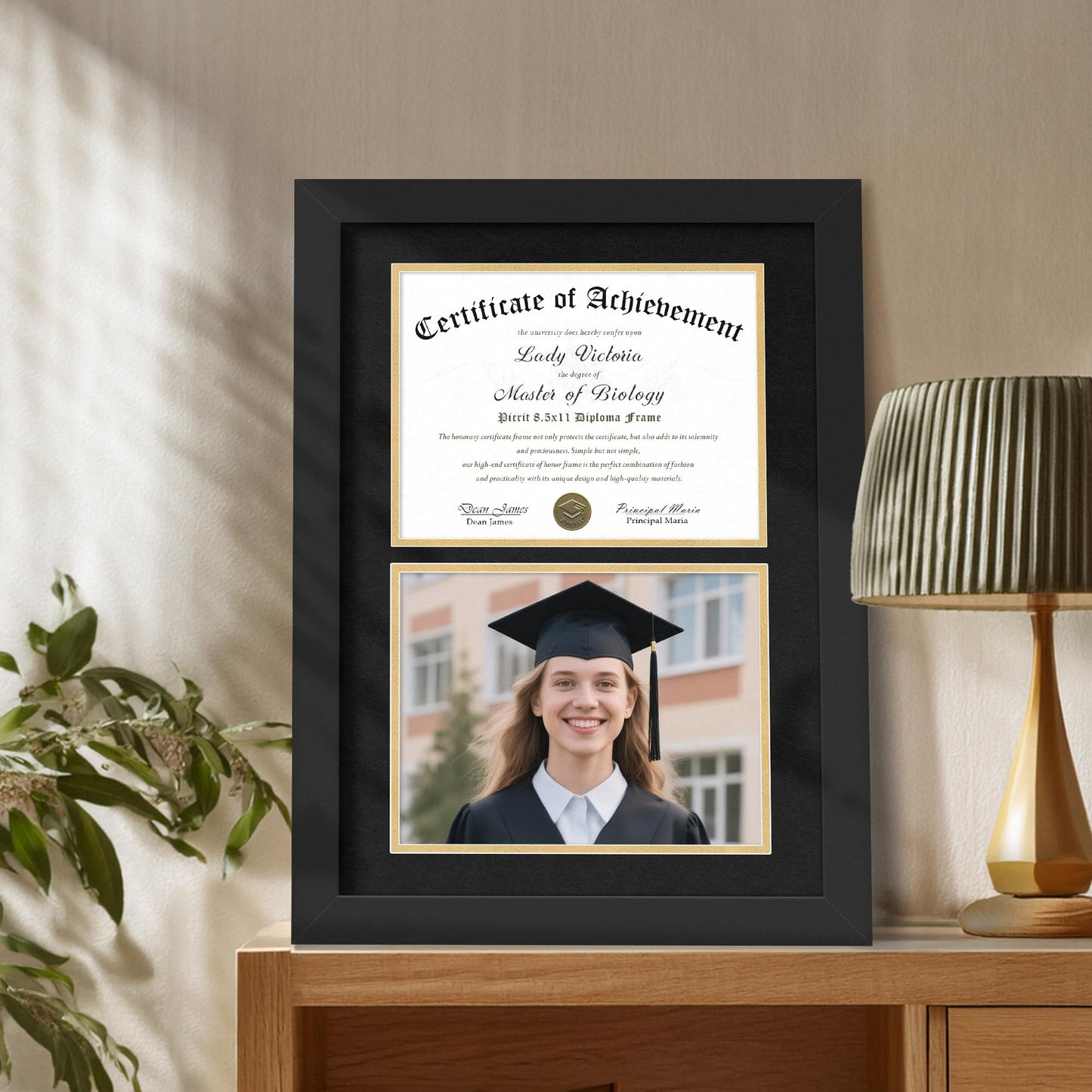 Picrit Double 8.5x11 Black Wood Diploma/Document Frame with Tempered Glass & Black over Gold Mat, and Display 14x20 Degree Certificate Frame without Mat for Wall, 1 pack