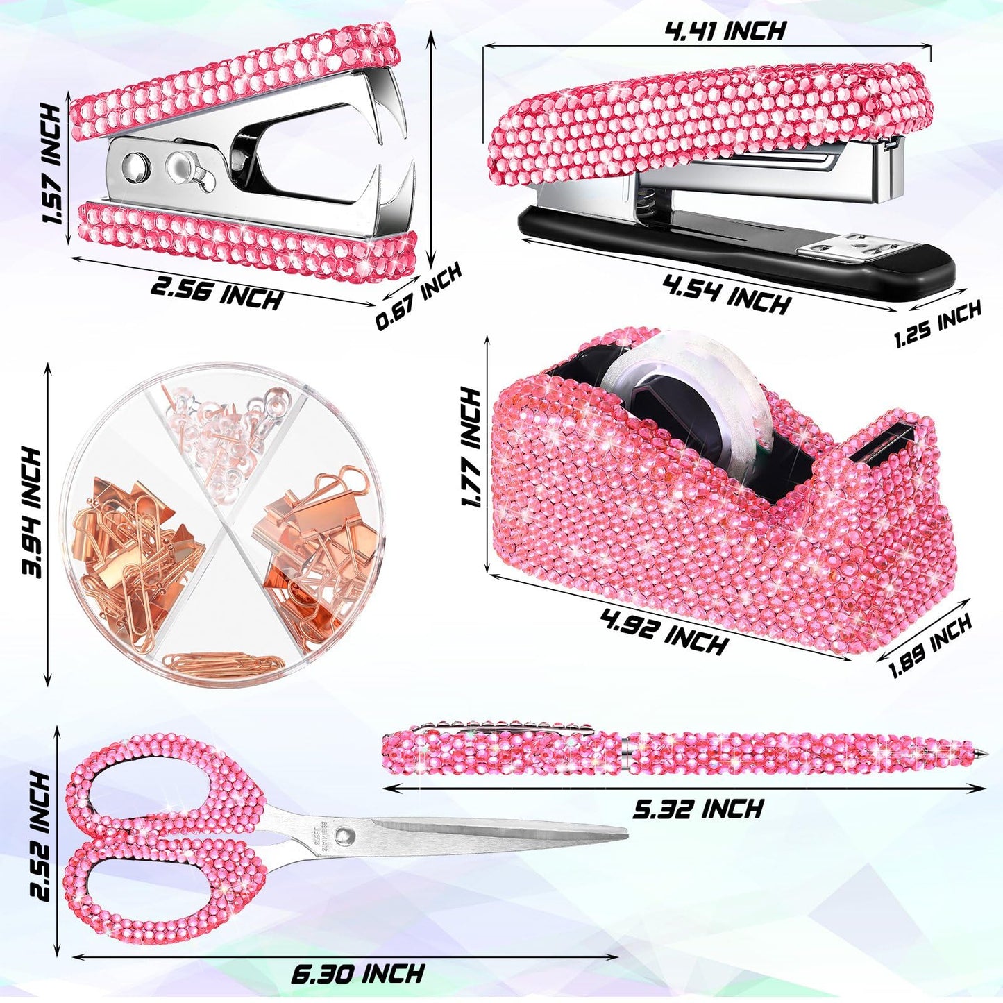 Demissle 6 Pcs Bling Office Desk Accessories Set Crystal School Stationery Kit Scissor Stapler with Staple, Tape Dispenser, Diamond Pen, Staple Remover, Binder Clip, Paper Clip, Push Pins(Pink)