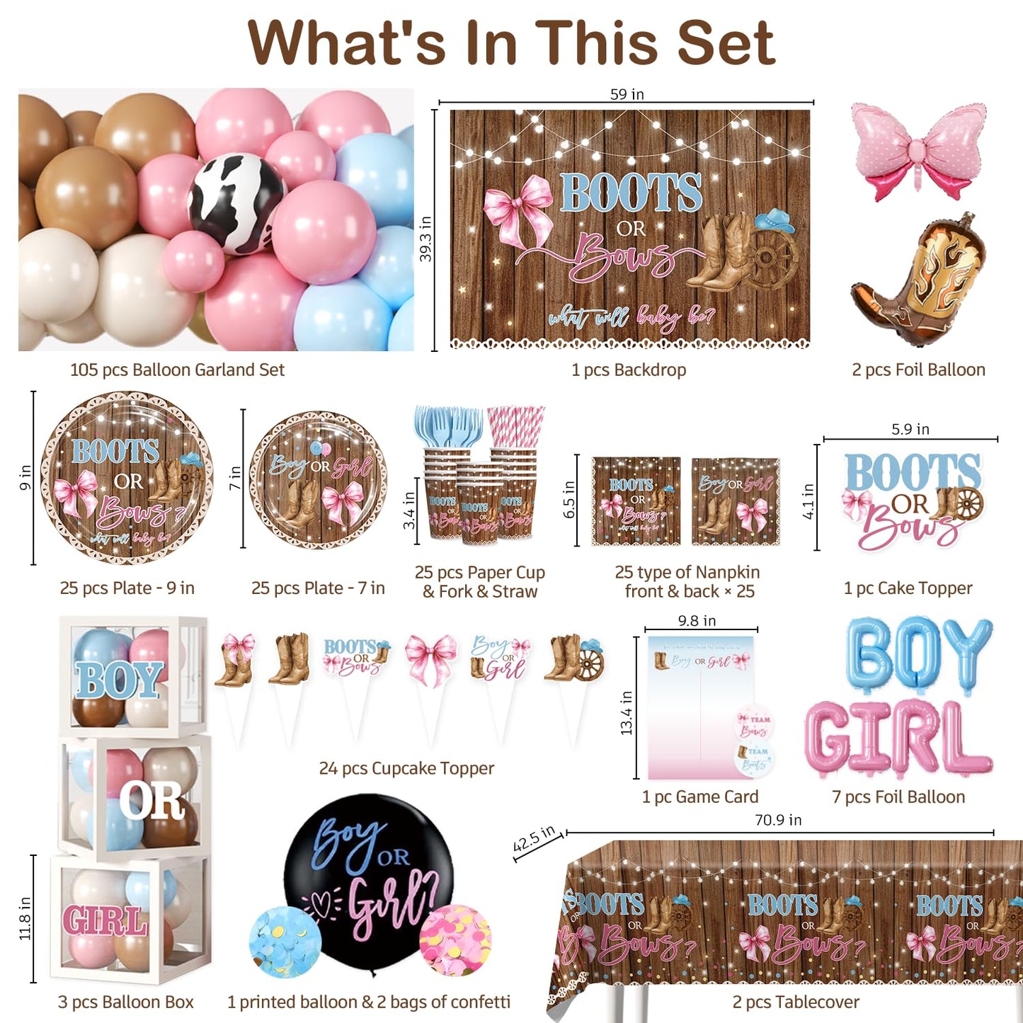 Cocomigo 299 Pcs Boots or Bows Gender Reveal Decorations, Complete Party Set Serves 25, Boots and Bows Gender Reveal Decorations with Plates, Tablecloths, Balloons, and Stickers