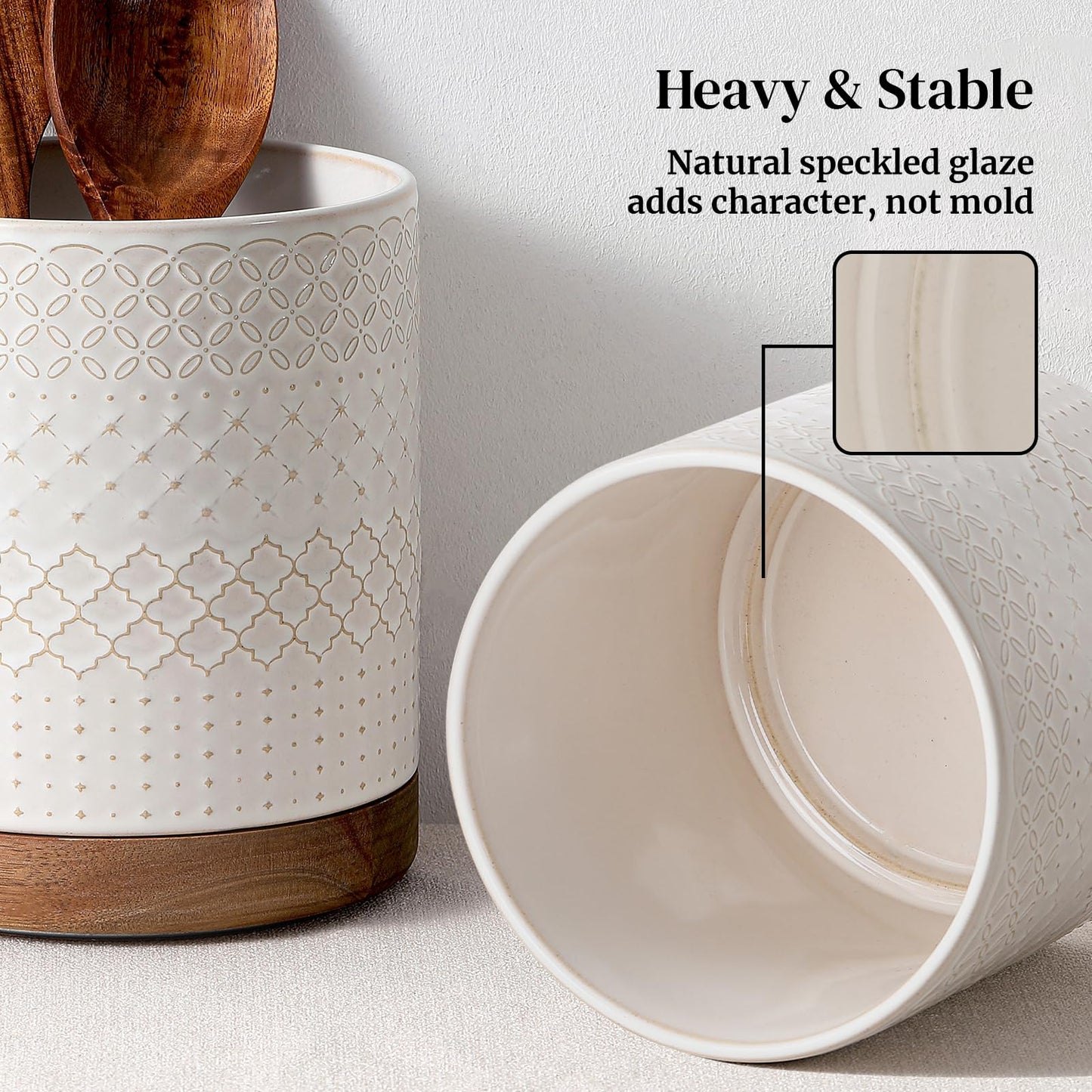 DOWAN 360° Rotating Extra Large Cooking Utensil Holder, 7.6" Kitchen Utensil Holder for Countertop, Utensil Crock for Farmhouse Kitchen Decor, Ceramic Stable Utensil Caddy, White Embossed